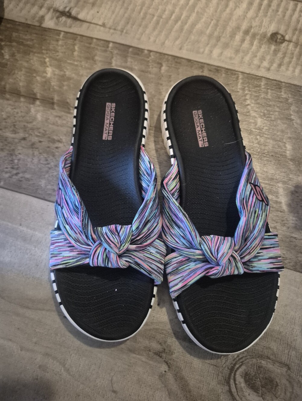 Skechers Black Footbed Slip-On Sandals with Multicolor Knotted Straps